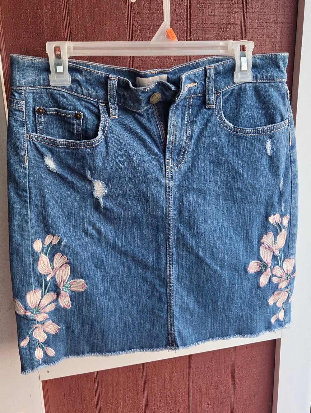 Loft Outlet Ripped Blue Denim Pink Floral Embroidered Skirt